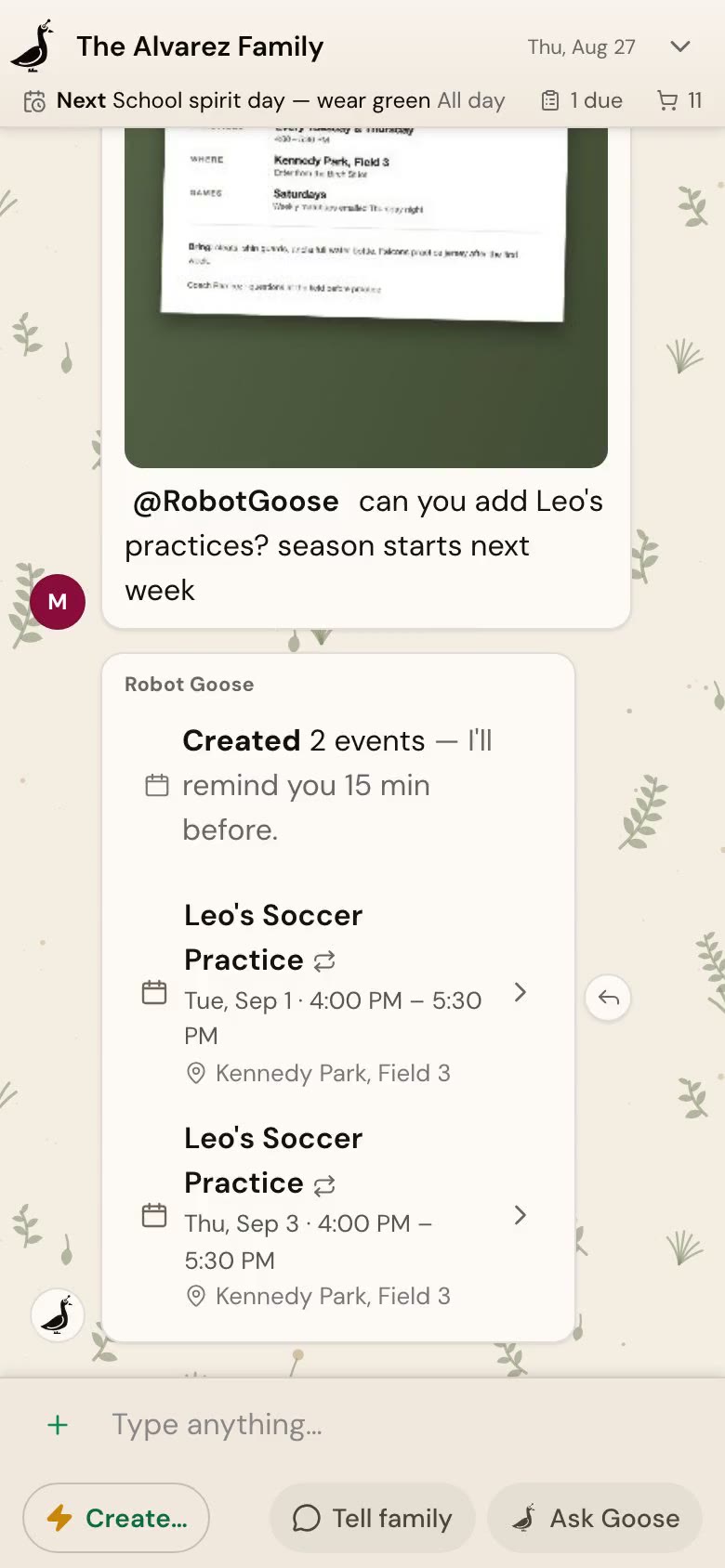 Family members chat normally; a routed ask adds cereal to the shopping list
