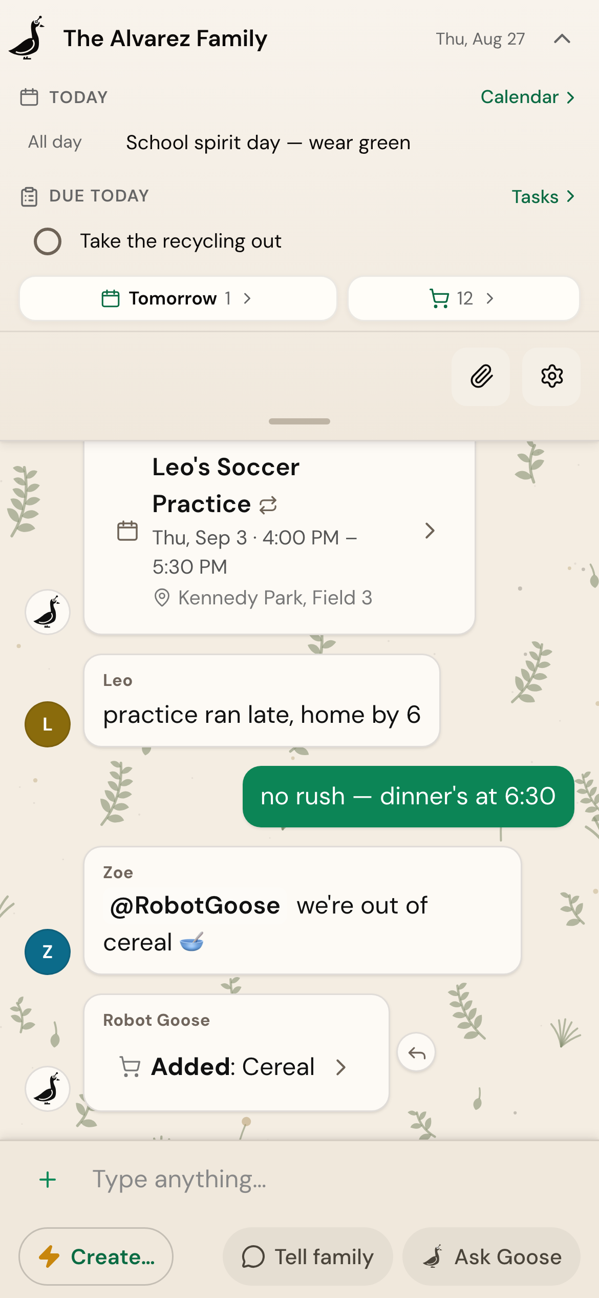 The day bar expanded over the chat: today's events and due tasks